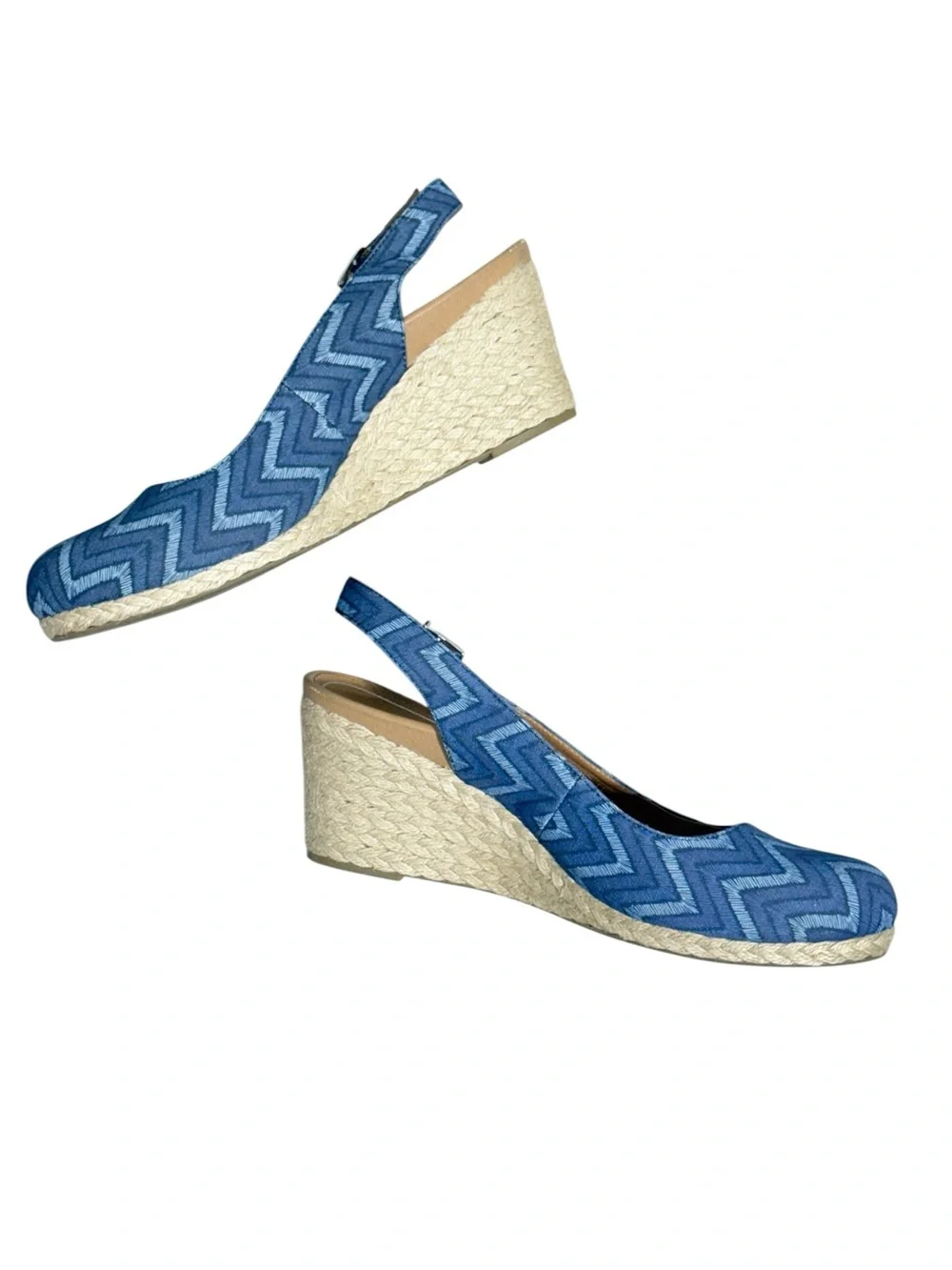 Vionic Coralina Slingback Espadrille Wedge Shoes Navy Blue Chevron Women Size 10